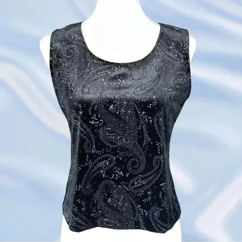 Vintage 90s Black Velvet Tank Top with Glitter Silver Paisley Pattern Whimsigoth